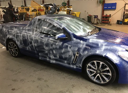 Blue Holden ute in the yard before decontamination